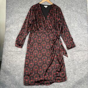 ON 34TH Faux Wrap Dress Women's Size XL‎ Black and Red Satin Floral Feminine